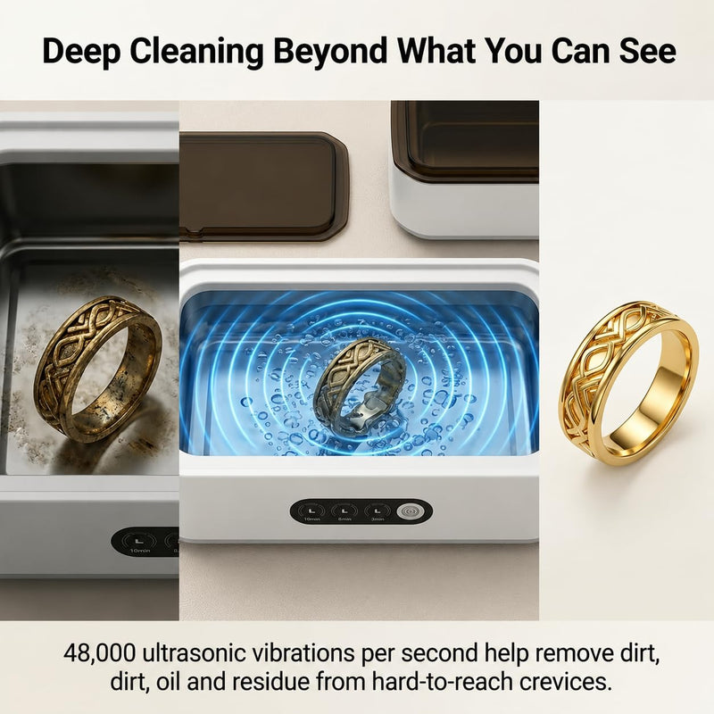 BeGrit 48KHz Ultrasonic Jewelry Cleaner, 3 Timer Modes, Stainless Steel Tank, White Cleaner with Lid & Tweezers for Rings, Glasses, Watch Bands