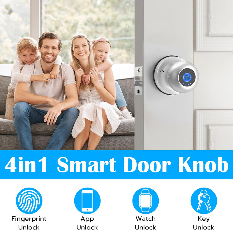 eLinkSmart Fingerprint Door Lock Smart Ball Door Knob with Key Keyless Entry Door Lock for Bedroom Apartment with Privacy Mode Bluetooth App iOS Watch Control Silver