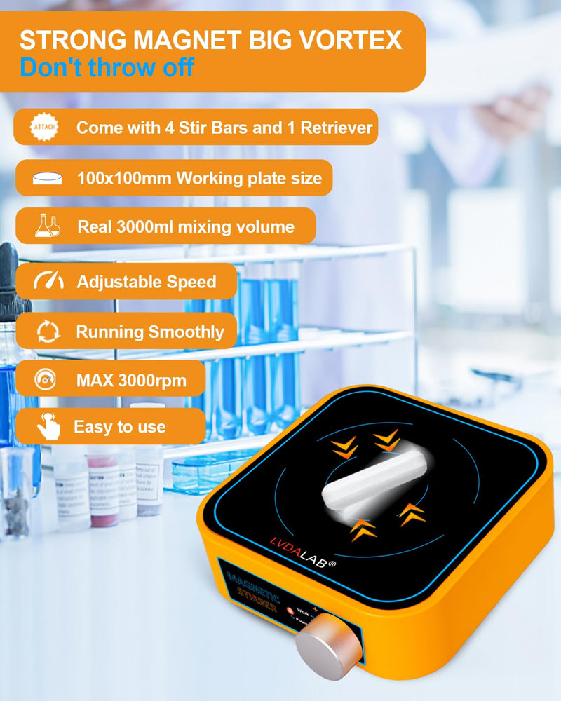 Rechargeable Magnetic Stir Plate, LVDALAB 3000RPM Mini Electric Magnetic Stirrer, 3000ml Lab Stirrers for Low Viscosity Liquid, No Heating, Adjustable Speed, 4 Stir Bars 1Retriever Included - Yellow Rechargable