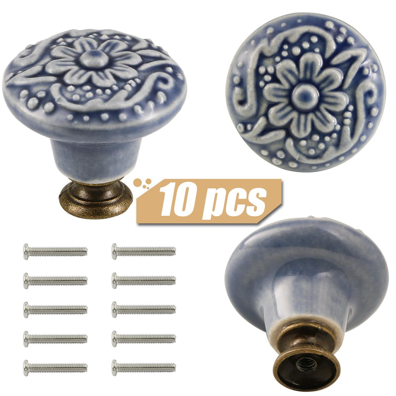 Greyish Blue Ceramic Knobs 10 Pack - Vintage Cabinet Knobs Retro Dresser Knobs - Flower Drawer Pulls with Screws for Closet Drawer Cupboard Cabinet and DIY Home Project Greyish Blue