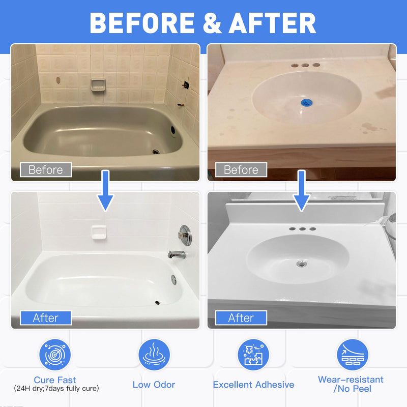 Tub and Tile Paint, Tub and Tile Refinishing Kit with Hardener, Tile Paint and Tub Refinishing Kit Bathtub Paint Water Based &Low Odor, Sink Paint for Bathroom Kitchen, Semi-Gloss White, 25-30sq.ft White-No tool