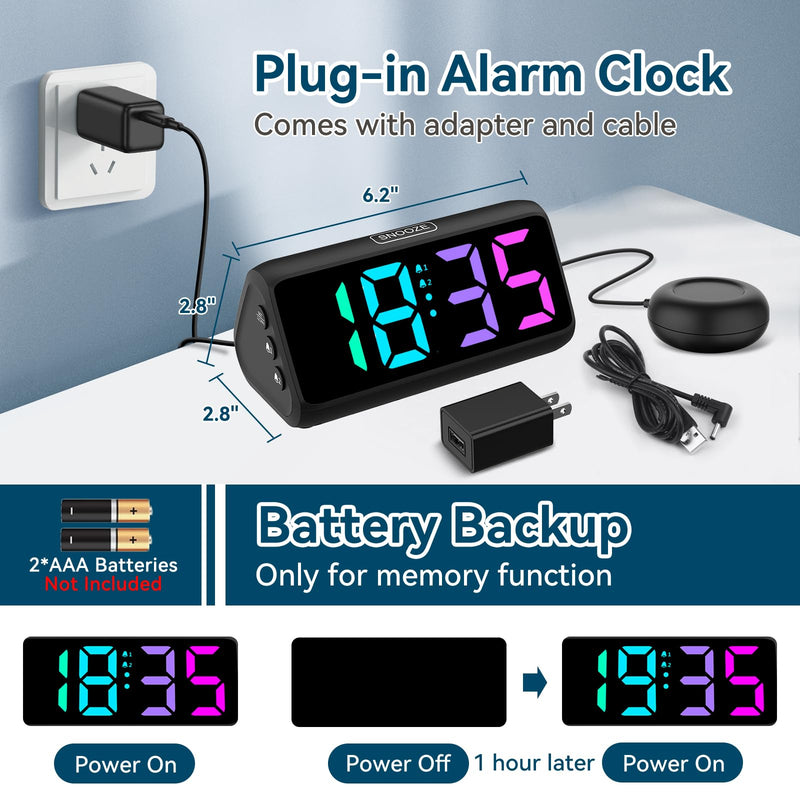 Netzu Loud Alarm Clock for Heavy Sleepers, Plug-in RGB Vibrating Alarm Clocks with Bed Shaker, 5 Dimmers, 2 Alarms and Snooze for Bedrooms Hearing Impaired Deaf Adults (Black) Black
