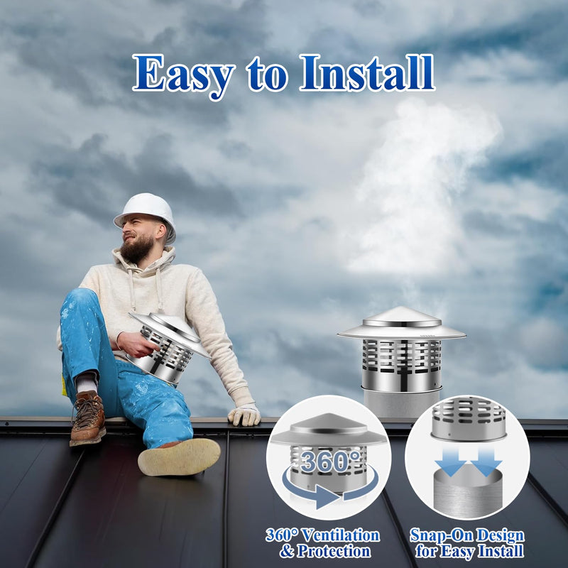 8 Inch Round Chimney Cap, 304 Stainless Steel Chimney Cover with Gloves, Weatherproof Fireplace Chimney Caps for Outdoor Use, Rain Cap for Stove Pipe, Roof Vent Chimney Cap(8 inch) 8 inch