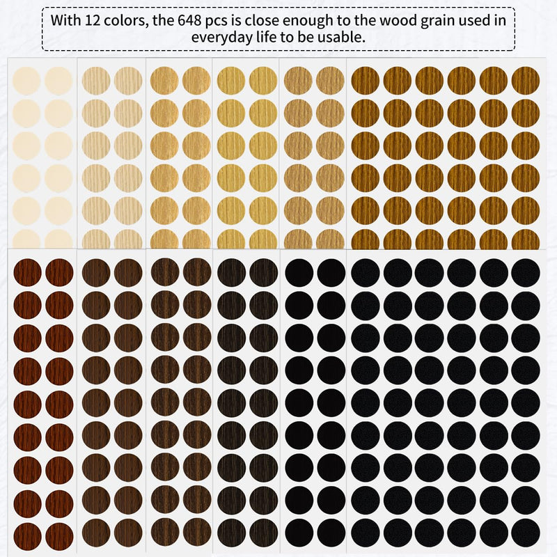 648 Pieces Screw Hole Covers Stickers, 12 Basic Color Colors Wood Stickers, Adhesive PVC Screw Cover Caps, for Wood Screws Wall Cabinets Desk Wall