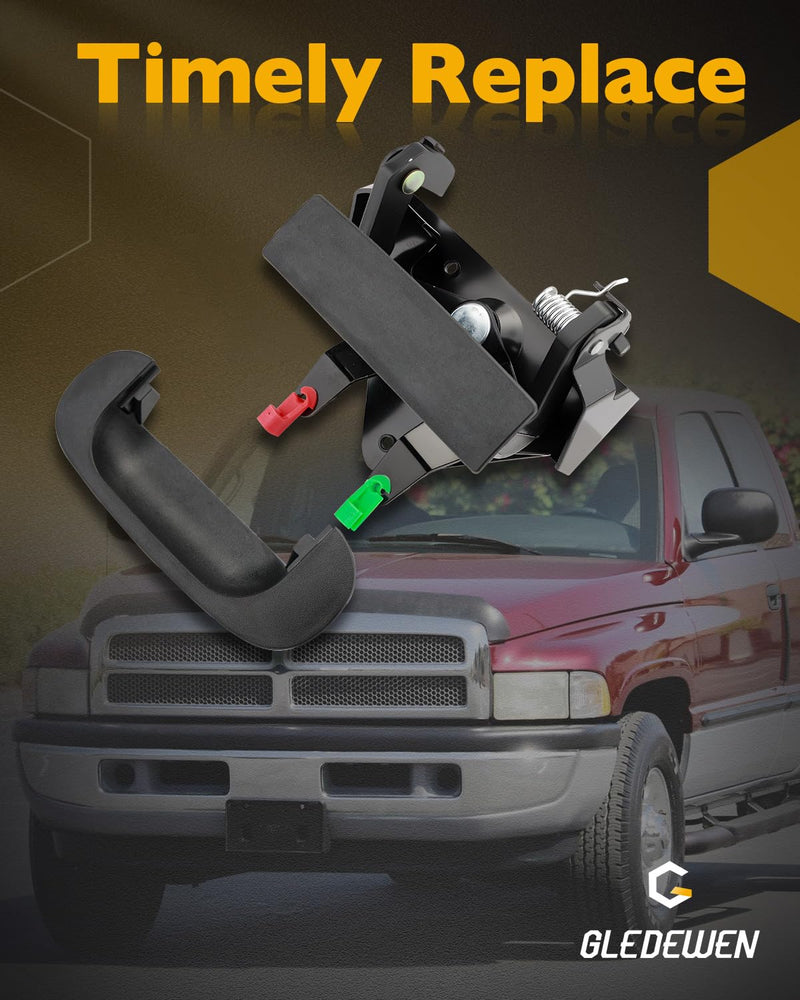 Tailgate Handle Set, Compatible with 1994-2002 Dodge Ram 1500 2500 3500 Pickup, Set of 2 Rear Bed Tail Gate Latch Handle & Bezel Trim with Rod Clips Assembly, Replace# CH1916101, CH1915102, 55074751