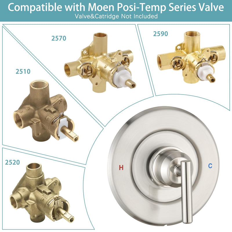 Replacement for Moen Posi-Temp Valve Only Shower Faucet Trim Kit (Valve& Catridge Not Inclued), Volume and Temperature Control Level Handle, Brushed Nickel