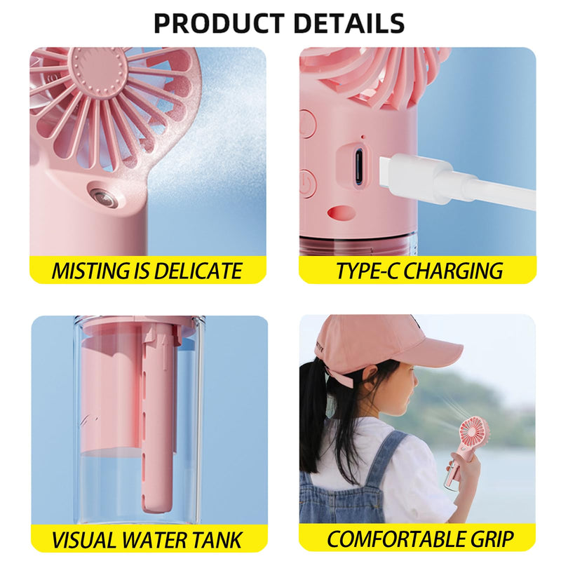 3 Pack Misting Fan Portable - Handheld Mini Rechargeable with 4 Speeds & Water Mist - Ideal for Travel, Camping, Outdoor, Home, Office, Makeup,Commute