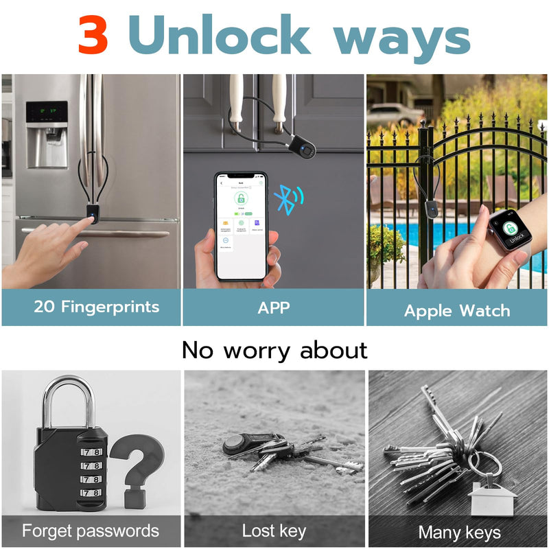 Fingerprint Cable Lock, Fridge Locks with Fingerprint Bluetooth APP Control, Smart Biometric Waterproof Child-Proof Refrigerator Lock for Kids & Adults Fridge French Door Cabinet Gate Black