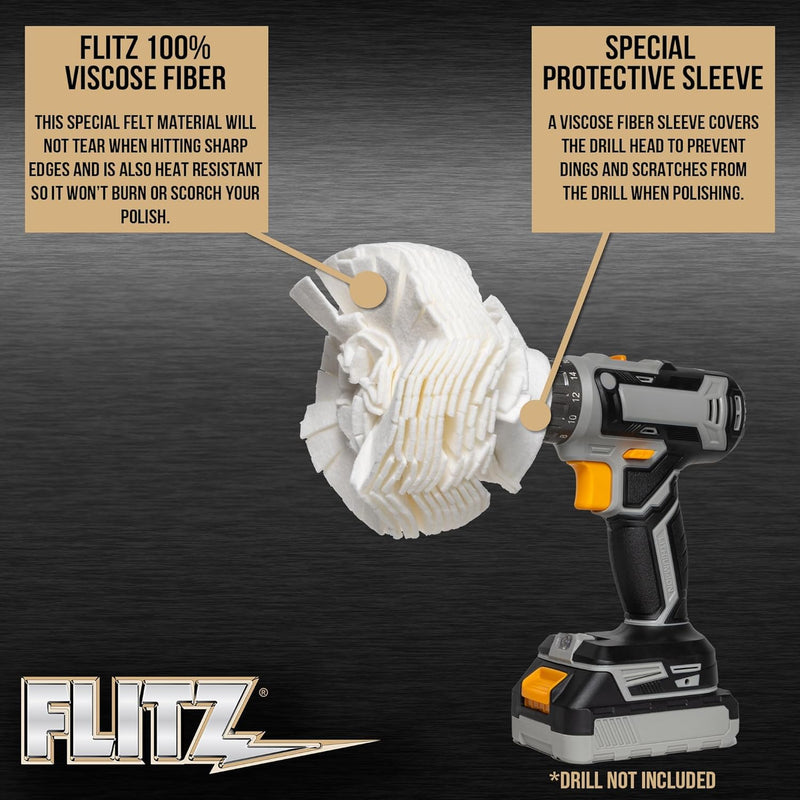 Flitz Buff Ball w/ 1.76oz Metal Polish Paste - 5in Drill Buffer Polisher Attachment for Any 3/8in Drill - Self-Cooling, Washable Polishing Ball to Buff, Shine, & Protect All Metals, Plastics (1 Pack) 5 Inch