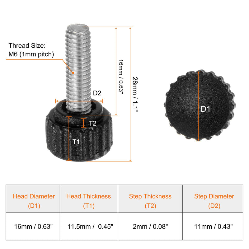 HARFINGTON 20pcs Knurled Clamping Knobs Thumb Screws M6 x 16mm Metric Male Thread 16mm Matte Plastic Head 304 Stainless Steel Stud Hand Threaded Knob Thumbscrew Handle, Black M6 x 16mm x 16mm
