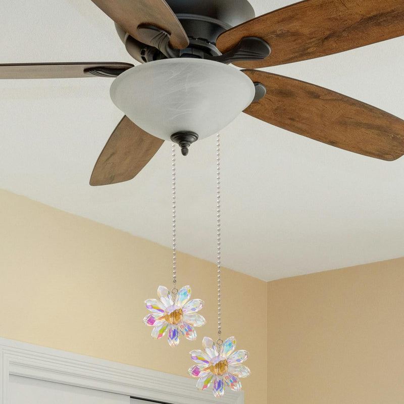 LEFERS Ceiling Fan Pull Chain, 2 Pieces 1.8" Crystal Glass Flower Pendants with 24" Ceiling Fan Chain Extender and Connector (Crystal AB) Crystal AB