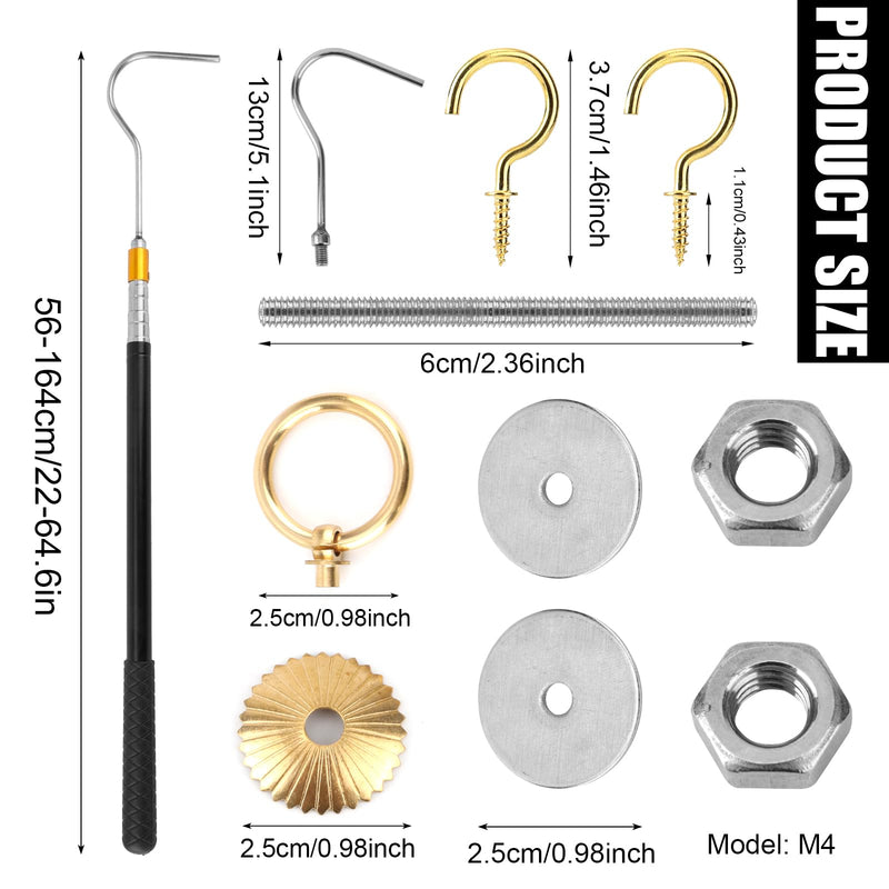 Ladder Pull Down System Kit, Attic Stairs Door Pull Replacement Set with Up to 64in Retractable Tie Rod with Hook M4 Screw Screw Nut Extension Pole and Copper Storage Hook Handle Part Tool Accessories