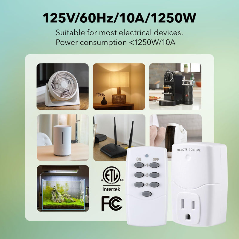 BN-LINK Mini Wireless Remote Control Outlet Switch Power Plug In for Household Appliances, Wireless Remote Light Switch, LED Light Bulbs, White (1 Remote + 3 Outlet) 1250W/10A 1 Remote + 3 Outlets