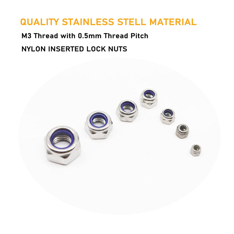 binifiMux 100Pcs M3 x 0.5mm Lock Nuts, 304 Stainless Steel Self-Lock Nylon Inserted 3mm Lock Nuts, M3 Nylock Nuts, 3mm Locking Nuts for RC Model, 3D Printer
