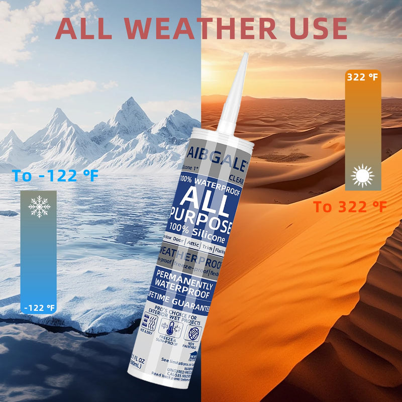 Clear Silicone Sealant, All-Purpose 100% Waterproof Silicone Caulk, Adhesive Caulking Tool for Indoor & Outdoor Windows, Aquarium, Bathroom Auto Leak Seal, 10.1 oz Cartridge, 1 Packs (1)