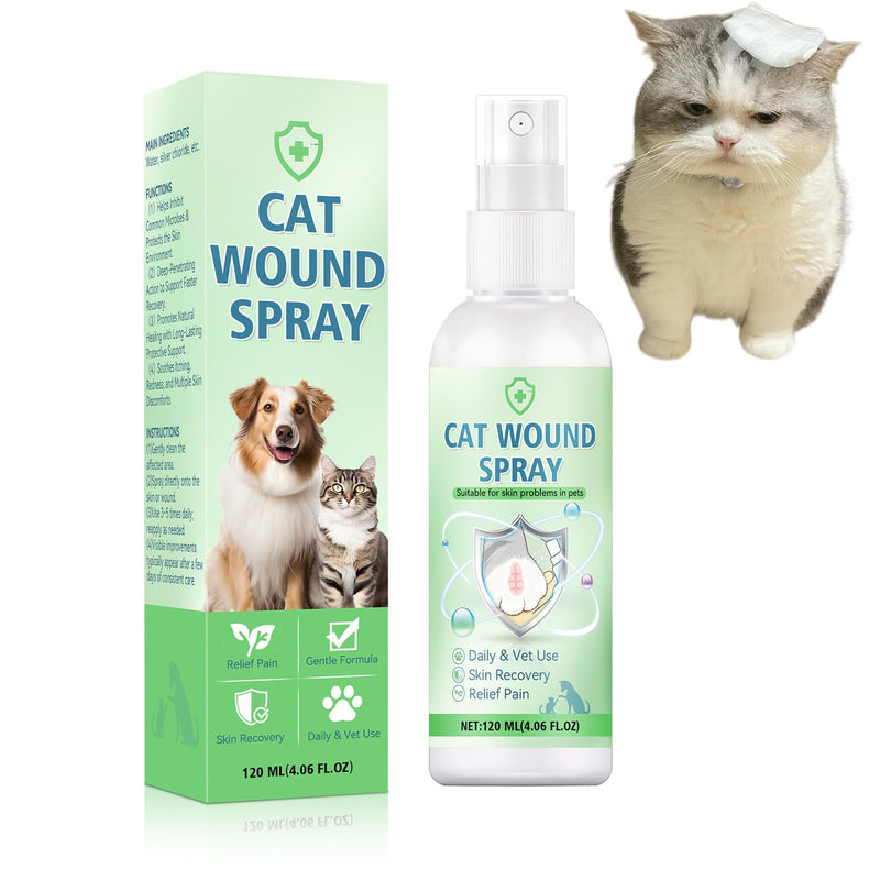 Cat Wound Spray, Wound Care for Cats, Pet Wound Care Formula for Scratching Irritation Bites Burns Redness, Supports Skin Comfort and Recovery for Kittens, Adult Cats, Pets, 120ml