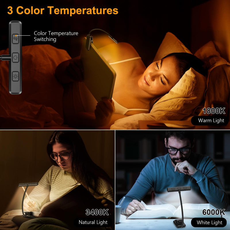 Gritin 19 LED Rechargeable Book Light for Reading in Bed with Memory Function- Eye Caring 3 Color Temperatures,Stepless Dimming Brightness,80 Hrs Runtime Lightweight Clip On Light for Book Lovers Black