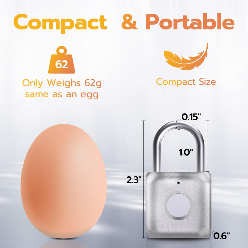 Pothunder Fingerprint Padlock, Smart Padlock, Locker Lock, Biometric Metal Keyless Fingerprint Lock, USB Rechargeable, for Gym Locker, Locker, Luggage, Backpack(Silver) Silver