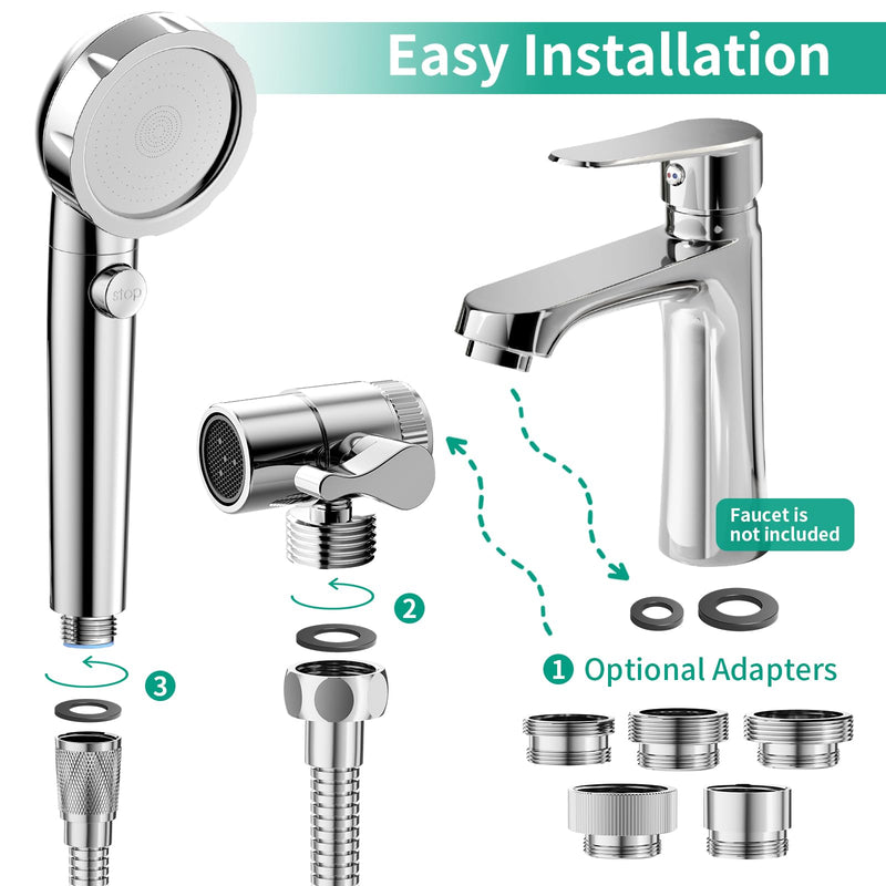Sink Hose Sprayer Attachment for Faucet, 3 Mode Shower Head Attaches to Tub Faucet with 5 Adapters, High Pressure Shower Head for Bathtub Faucet, Handheld Shower Head with Filter (Chrome) Chrome