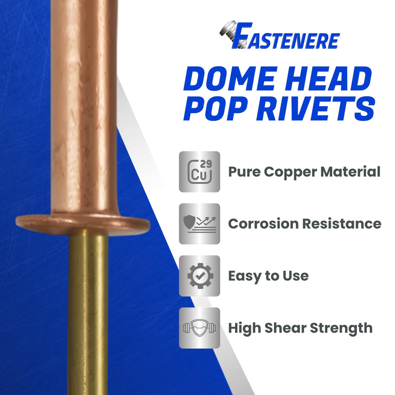 Fastenere Copper Pop Rivets - 1/8" x 3/8" (100 Pack) Copper Body Brass Mandrel, Heavy Duty, Open-End, Dome-Head Blind Rivets, Corrosion-Resistant & High Shear Strength, 4-4 Gap .188" - .250" 1/8" x 3/8" (100 pack)