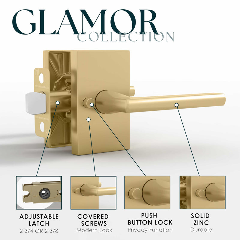 Mega Handles Glamor Privacy, Lever & Lock Door Handle Set for Hallway, Closet and Bathroom, Keyless Lock, Heavy Duty Door Levers, Fits All Standard Door Sizes, Screws Included - Satin Brass (1 Pack) 1 Pack