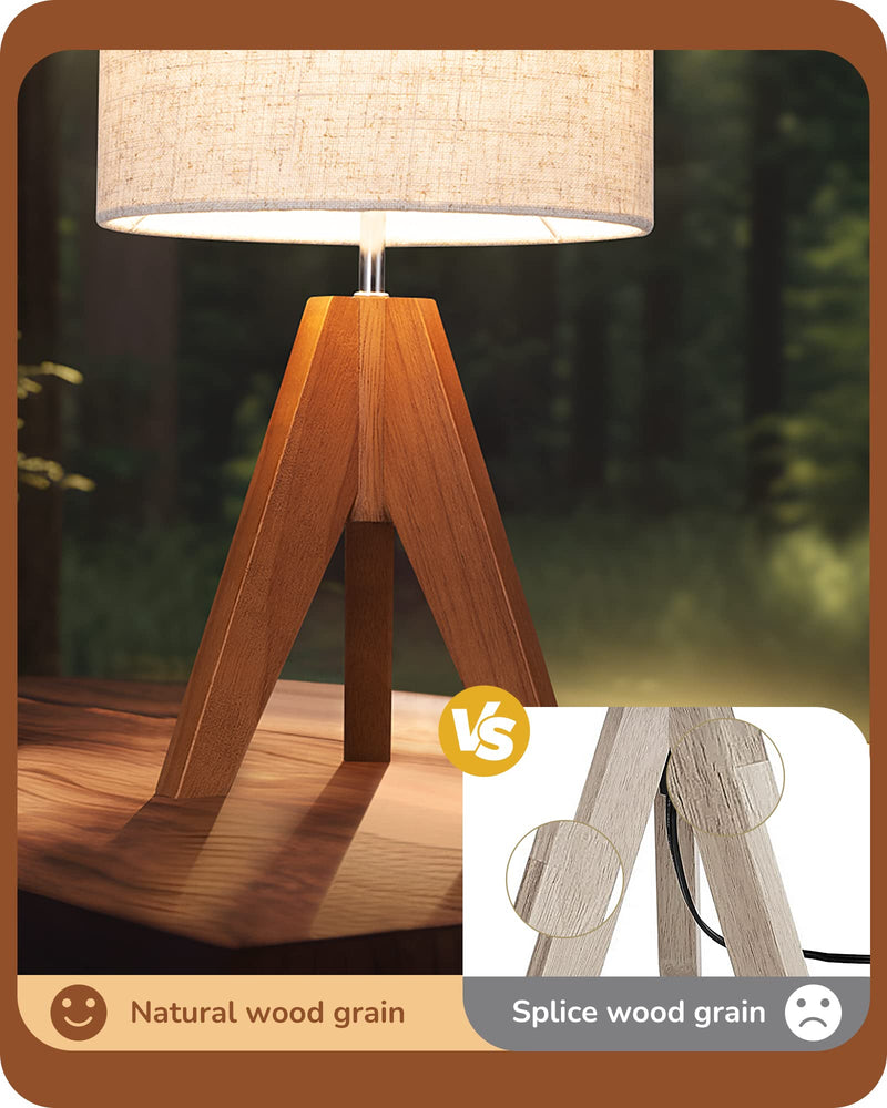 EDISHINE Tripod Table Lamp, Small Cute Bedside Lamp with Linen Beige Lampshade, Nightstand Lamp for Nursery, Bedroom, Kid Room, Living Room, Light Brown Wooden Base, E26 Socket, 14.2 Inch Bohemian