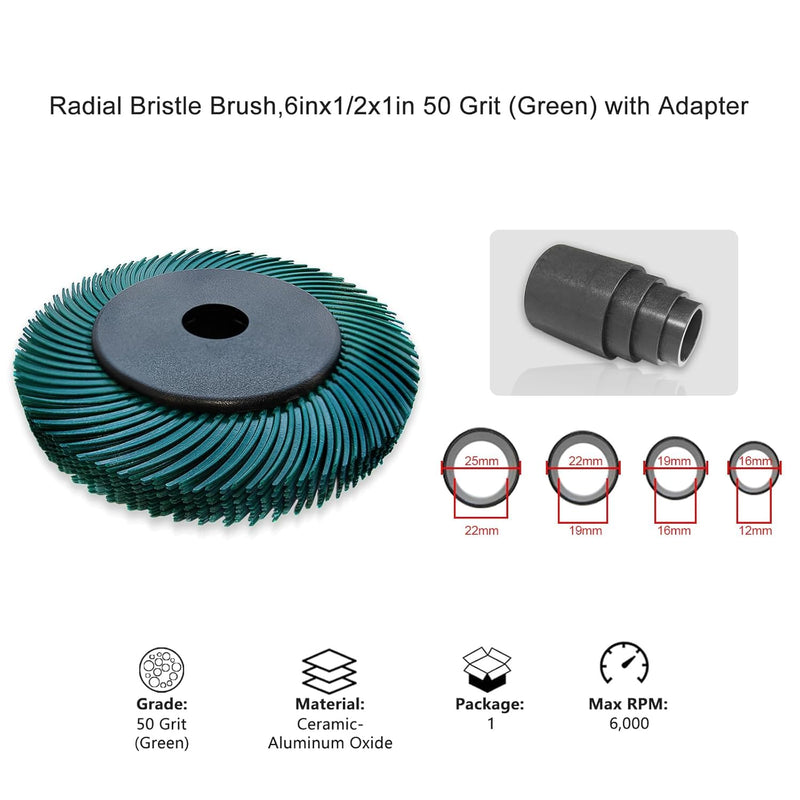 Radial Bristle Brush, 6 in x 1/2 in x 1 in, 80#, 1SET, Ten Single piece with Adapter 6" WIth 80# YELLOW 1SET