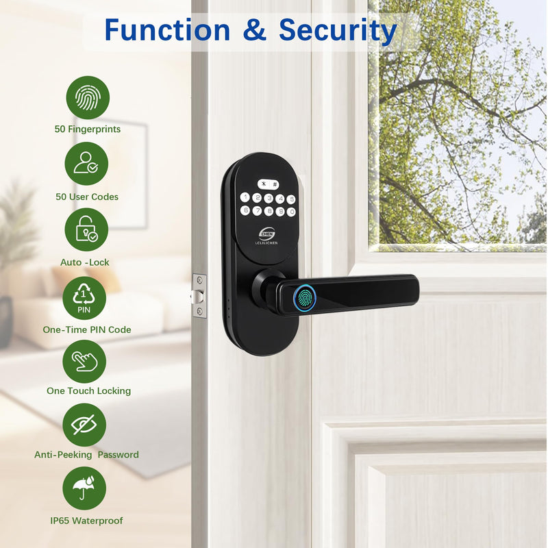 Smart Deadbolt with Handle, Fingerprint Door Lock, Keyless Entry with Keypad & APP Control, IP65 Weatherproof for Front Door, Bedroom, Office