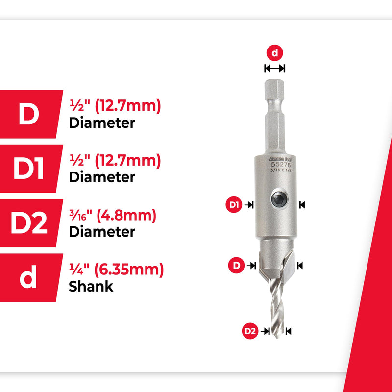 Amana Tool Carbide Tipped 82 Degree Countersink Drill Bit, 55276, 1/2 Dia x 3/16 Drill D x 1/4 Inch Quick Release Hex Shank for Tool 55242