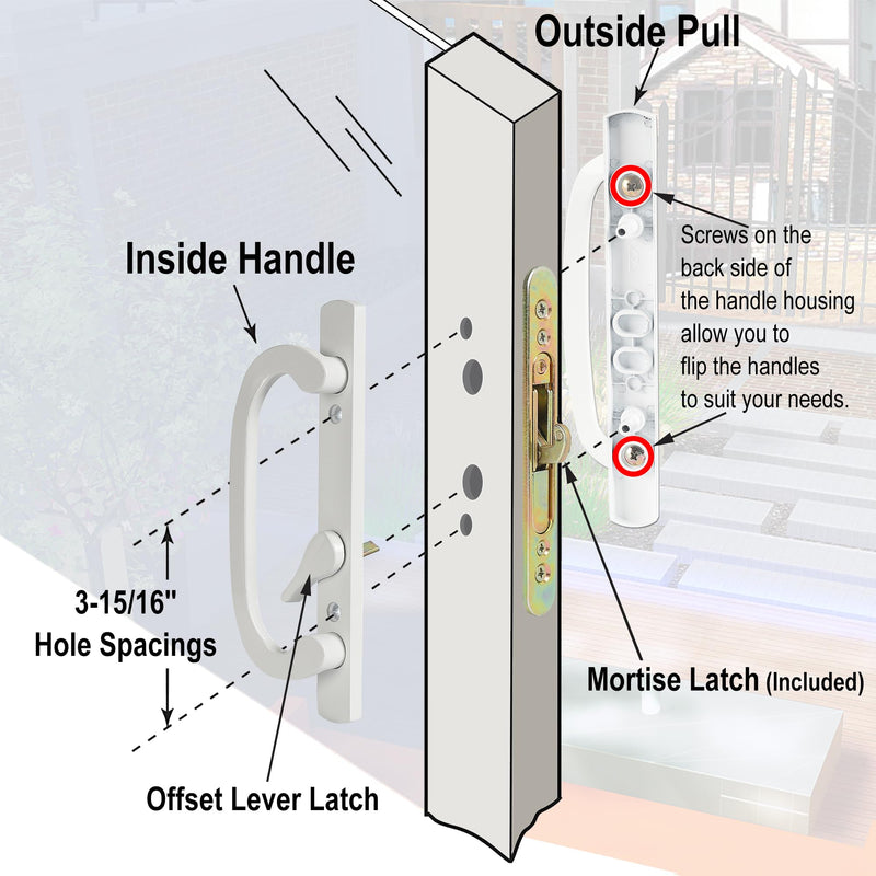 Offset Position Keyed Sliding Patio Door Handleset with Mortise Lock, 45° Keyway, 3-15/16" H.C., Fits 1-3/8" to 2" Thick Doors, Non-Handed, White Diecast 3-15/16" Offset
