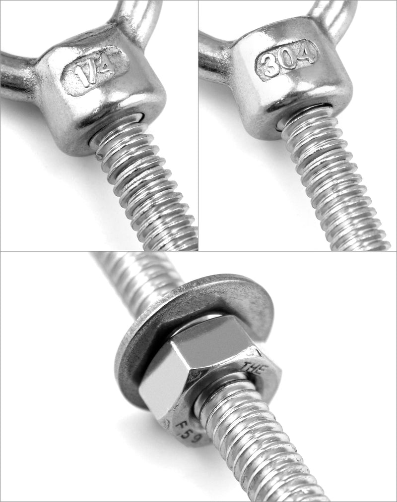 QWORK 10 Pack Eye Bolt, T316 Stainless Steel Marine Grade Threaded Eyebolts, 1/4"x3" Lifting Ring Threaded Eyebolts with Nuts Washers 1/4" x 3"