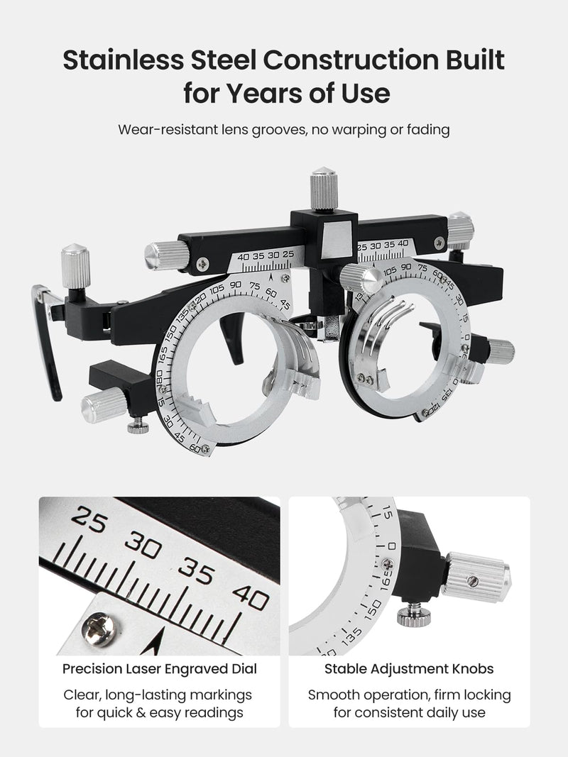 Trial Lens Frame Classic Black & Silver 73g Fully Adjustable Optical Trial Frame for Vision Testing with 48-80mm PD & 360° Lens Rotation