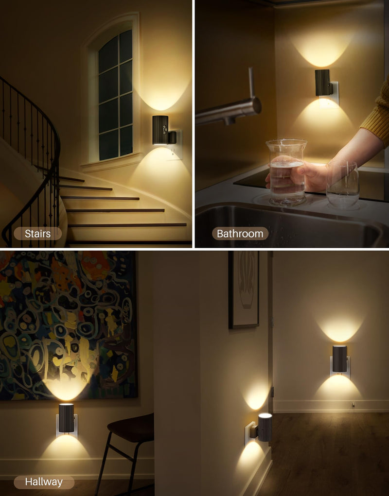 Night Lights Plug into Wall, LED Plug in Night Light, Dusk to Dawn Light Sensor, 0-100LM Adjustable Brightness Wall Light, Soft White 3000K, Dimmable Night Lights for Hallway Bedroom Stairway, 2 Pack 3000K-Soft White