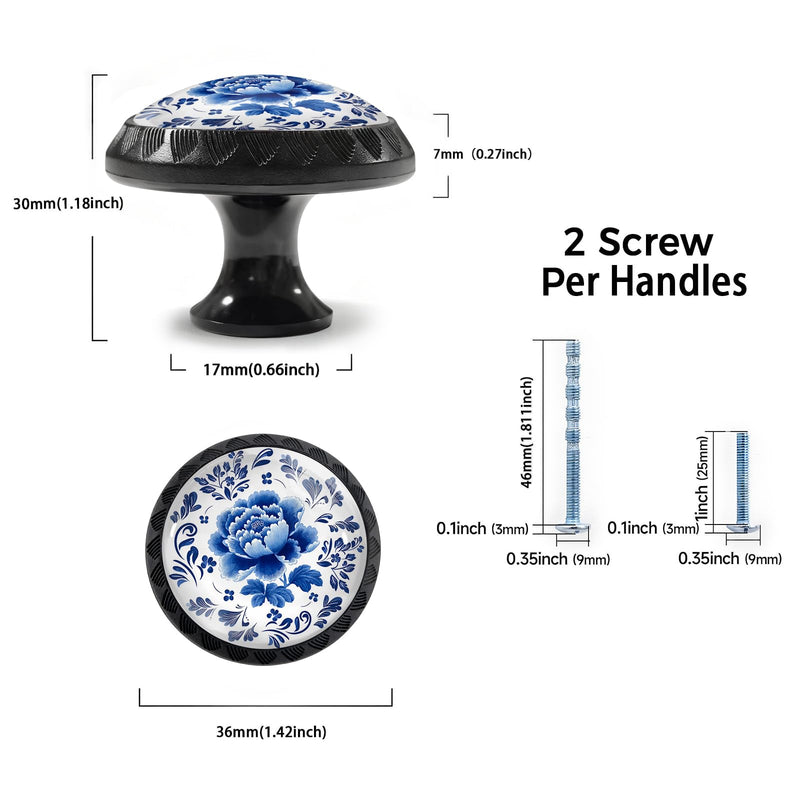 12 Pack Blue Peony Flower Cabinet Knobs for Kitchen Bathroom | Floral Drawer Pulls Round Black Dresser Handles Hardware for Desk Cupboard Wardrobe Closet Vanity Door Decor