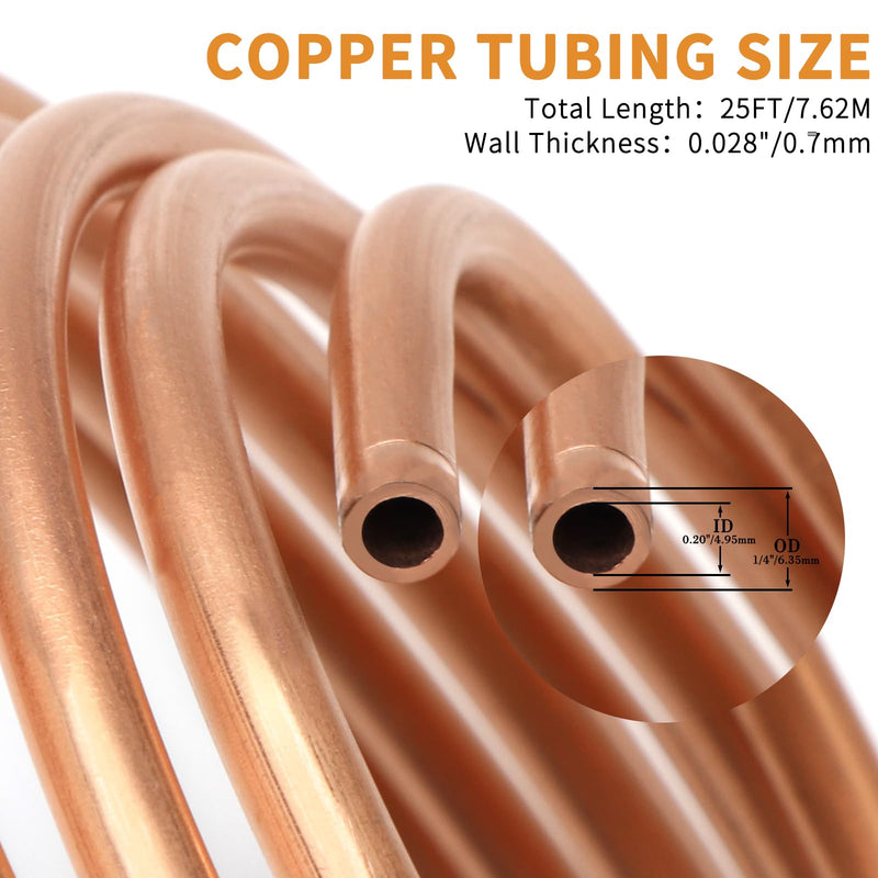 Copper Tubing 1/4" OD x 0.195" ID x 25Ft, T2 Pure Copper Tubes Soft Coil, Metal Round Seamless Pipe Tubing for Air Conditioning Refrigerator, Industry,DIY 25 Ft