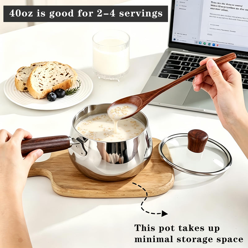 40oz Stainless Steel Milk Butter Warmer Pot with Glass Lid, Saucepan with Pour Spout, Milk Pot with Silicone scraper for Melting Butter, Warming Sauces, Heating Milk 1.2 Quarts-with Lid