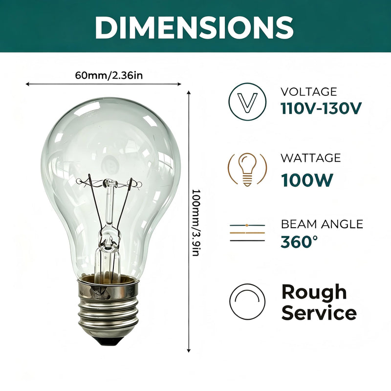 100W A19 Incandescent Light Bulbs E26 Rough Service Clear 6 Pack | Heavy duty filament for ceiling fans & garage openers. 2700K warm white, clear glass, flicker-free dimmable