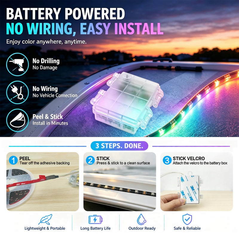 Pontoon Boat Lights Battery Operated RGB+IC Dream Color Marine LED Strip for Duck Bass Kayak , Wireless Waterproof Boat Lights Strip for Deck Interior Courtesy Lights, Night Fishing Light, 16.4FT