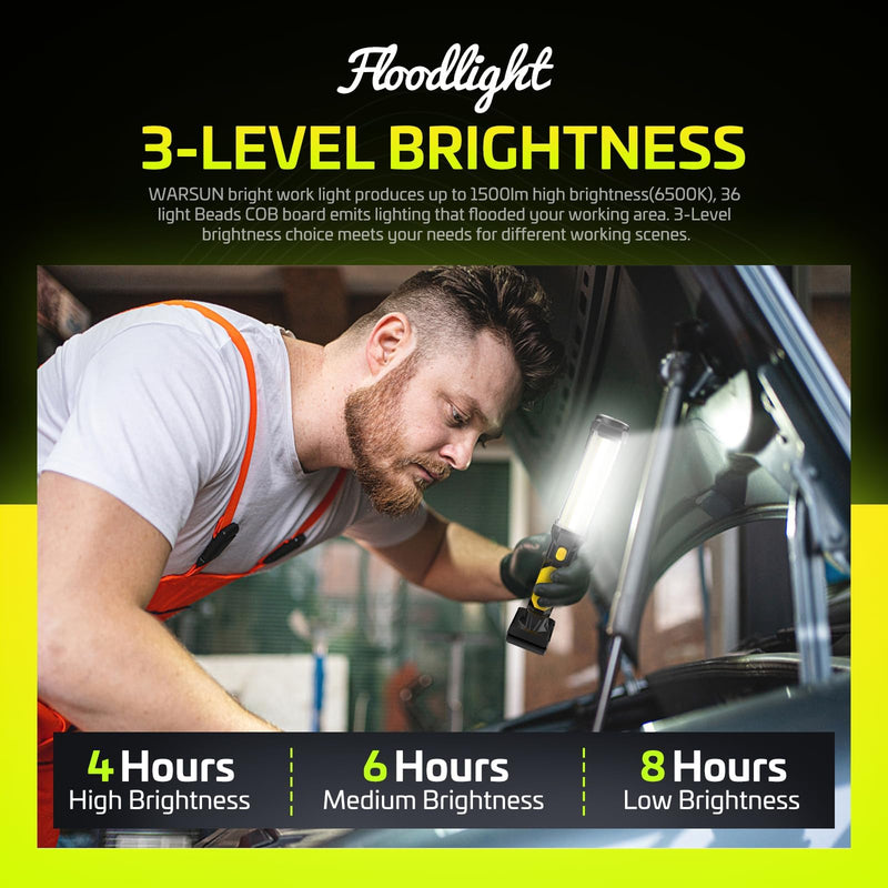 WARSUN Work Light Rechargeable LED 1500 Lumens Super Bright COB Portable Work Lights Magnetic Base and Hook Work Flashlight for Car Repair Machine Emergency 1 PACK