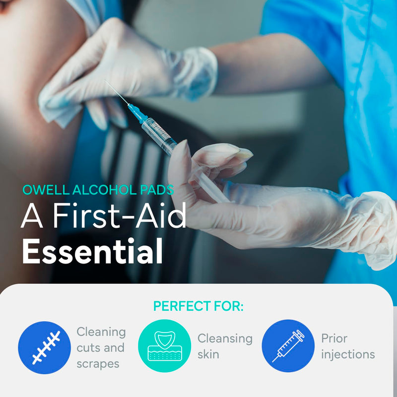 OWELL Alcohol Wipes, Individually Wrapped Alcohol Wipe, Medical & Professional Sterile Alcohol Prep Pads, Medium 2-Ply Medical Alcohol Pad for Cleaning Skin, First Aid Kit Alcohol Swabs (100 Count) Medium (Pack of 100)