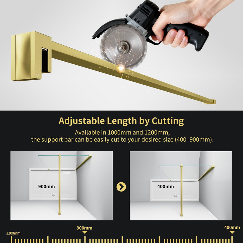 Shower Glass Support Bar, Stainless Steel Shower Door Support Arm with Foldable Hook, Adjustable Support Rod for 1/4"-3/8" Door, Cut-to-Fit for Various Spaces (Brushed Gold, 47.24'' (1200mm)) Brushed Gold 47.24'' (1200mm)