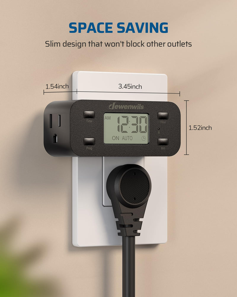 DEWENWILS 24 Hour Programmable Digital Timer Outlet with 1 Grounded Outlet, 2 Pack Timers for Electrical Outlets, 3 Prong Light Timer for Indoor Lamp Fan Aquarium, 125V/15A/1000W, 1/2 HP, Black Black-2PK