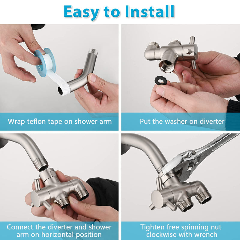 PDPBath Brass 3 Way Shower Arm Diverter Valve for Handheld Shower Head and Fixed Shower Head, G1/2 Universal Connection - Brushed Nickle Brushed Nickel
