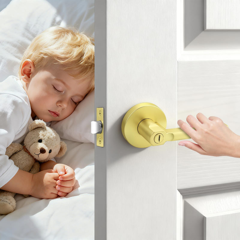 1 Pack Gold Interior Door Handle with Lock,Privacy Door Lever for Bedroom or Bathroom,Keyless Round Door Lock Interior for Left and Right Hand Reversible
