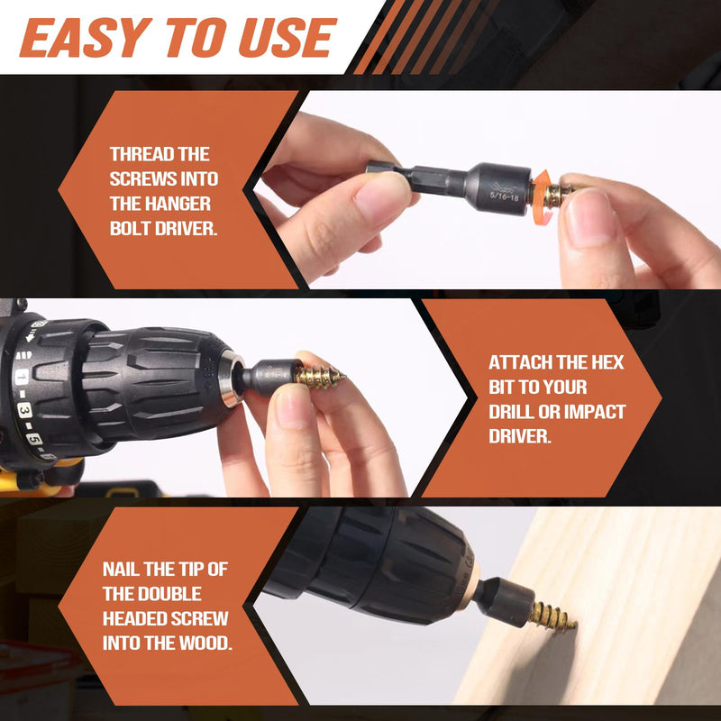 1/4"-20,3/8"-16, 5/16"-18 Hanger Bolt Driver 3 PCS,Hanger Bolt Install Tool with 1/4 Hex Shank,Suitable for Double-Headed Screws, Essential for Woodworking 1/4"-20 & 3/8"-16 & 5/16"-18
