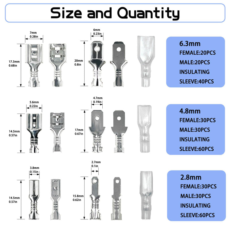 320PCS 2.8/4.8/6.3mm Spade Wire Terminal Connectors Male and Female Crimp Speaker Wire Connector with Insulating Sleeve for Car Audio Speaker Wiring WW003
