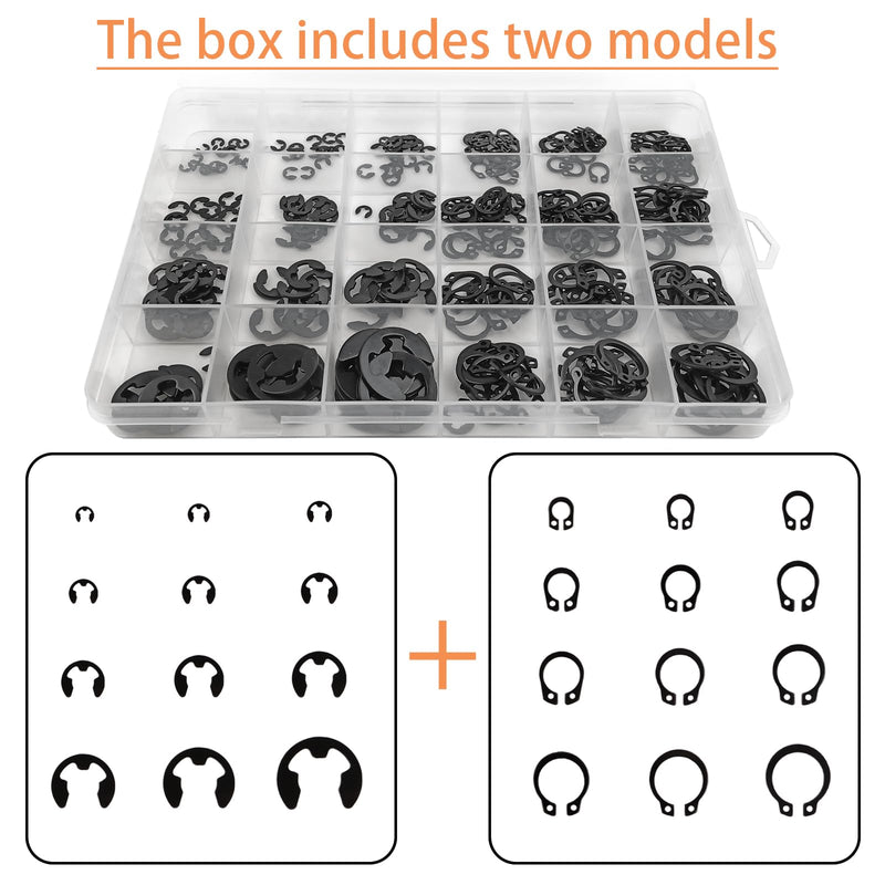 324pcs Carbon Steel Assortment Kit for Retaining Rings, 12 Sizes E-Clips and 12 Sizes C-Clips, Suitable for Fastening Jobs, High Compatibility and Wear Resistance