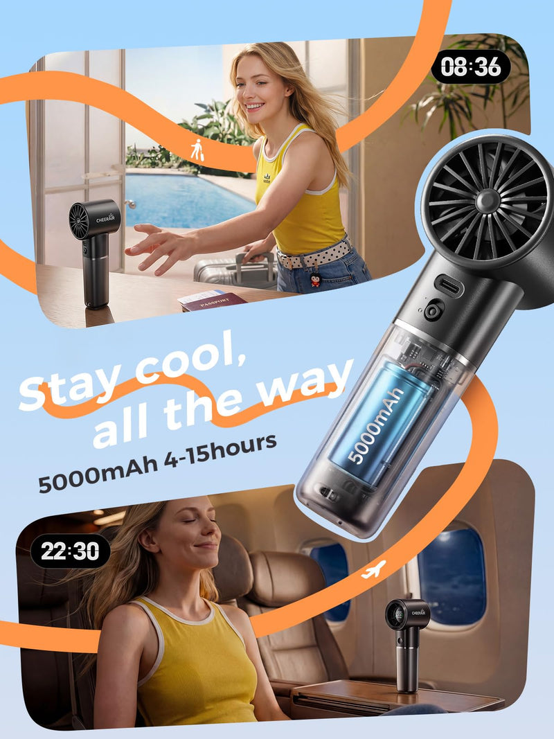 Handheld Portable Fan, 6-Speed Powerful Mini Personal Fan, Rechargeable 5000mAh Battery with Up to 15 Hours Runtime, Pocket Turbo Fan with Smart LED Display, Ideal for Travel, Camping, Makeup Black