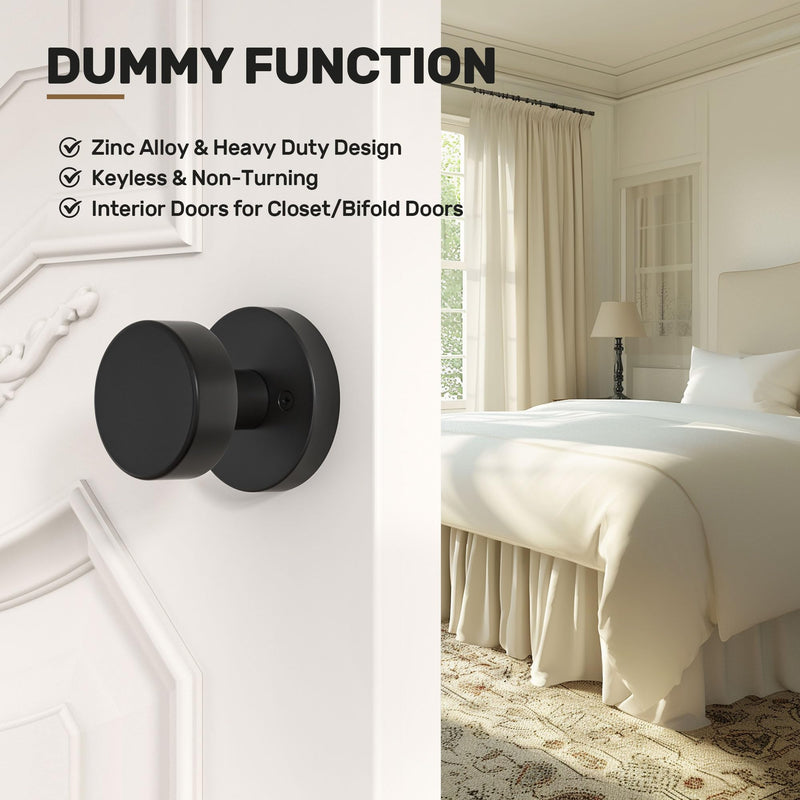 2 Pack Matte Black Dummy Door Knob Interior, Black Door Knobs for Bifold and Closet Doors, Heavy Duty Round Modern Door Handle 2 Pack Dummy