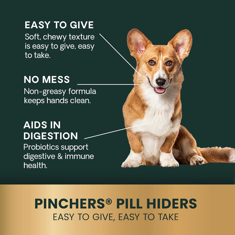 VetriScience Pinchers Pill Hiders Chews, Non-Greasy with Probiotics for Dogs, Disguise Small Capsules and Tablets, Soft and Chewy, Gut and Immune Support, Peanut Butter, 45 Count 45 Hiders
